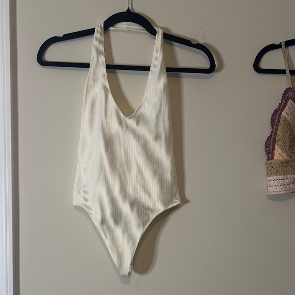 NWOT Free People Out from Under cream halter top bodysuit, size medium/large